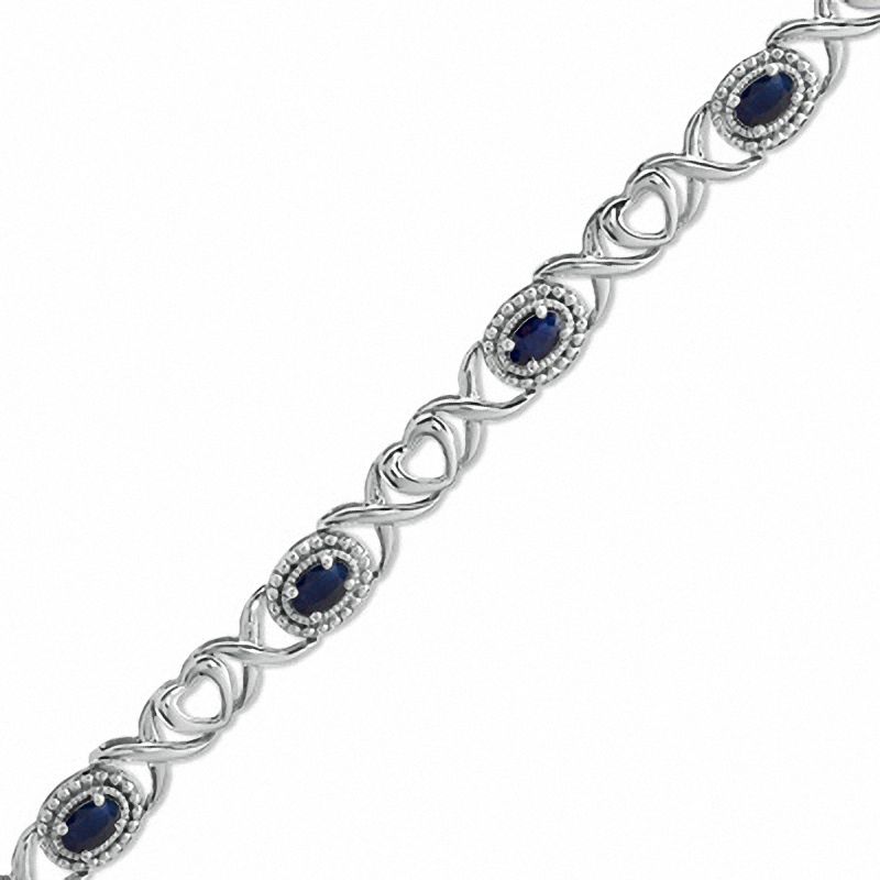Oval Blue Sapphire Heart and "X" Link Bracelet in Sterling Silver - 7.25"