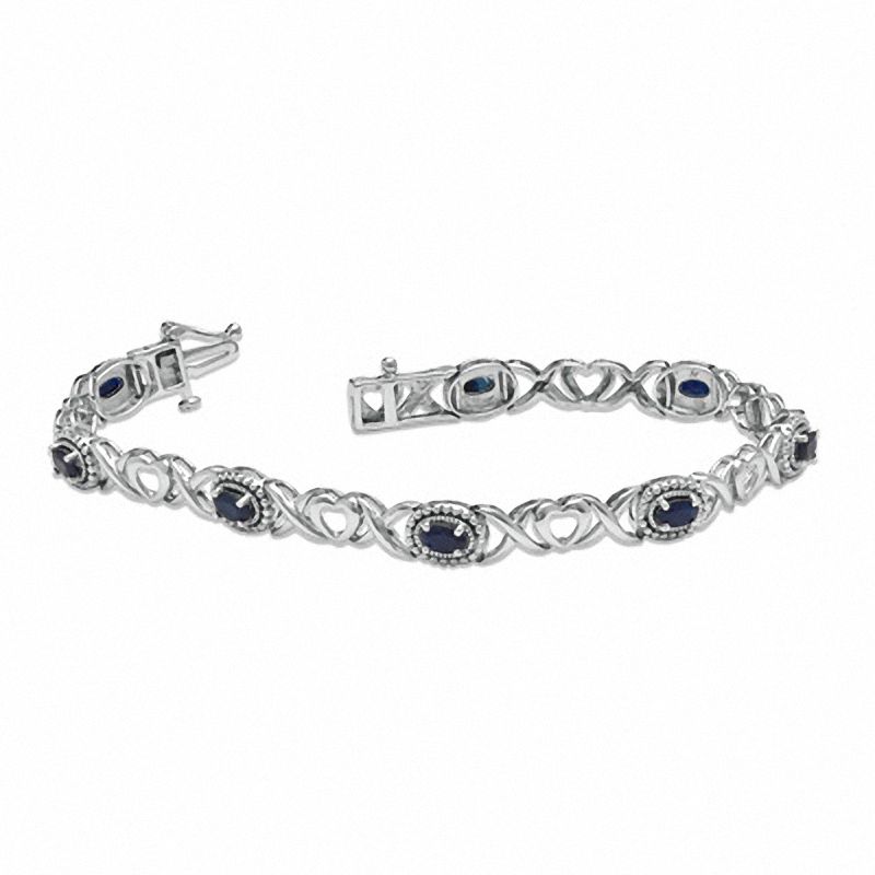 Oval Blue Sapphire Heart and "X" Link Bracelet in Sterling Silver - 7.25"