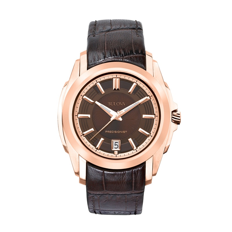 Men's Bulova Precisionist Longwood Rose-Tone Strap Watch with Brown Dial  (Model: 97B110) | Zales