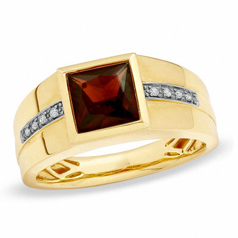 Main Image 1 of Men's 8.0mm Square-Cut Garnet and Diamond Accent Ring in 10K Gold