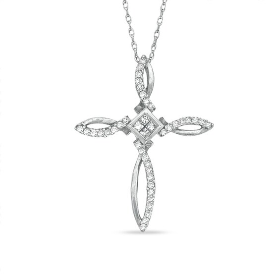 1/5 CT. T.w. Princess-Cut and Round Diamond Ichthys Cross Pendant in 10K White Gold