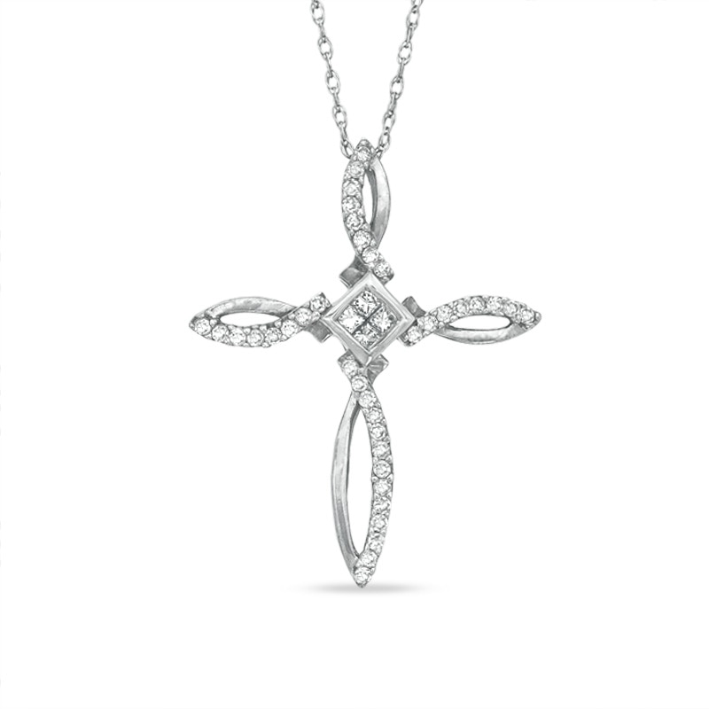 Main Image 1 of 1/5 CT. T.W. Princess-Cut and Round Diamond Ichthys Cross Pendant in 10K White Gold