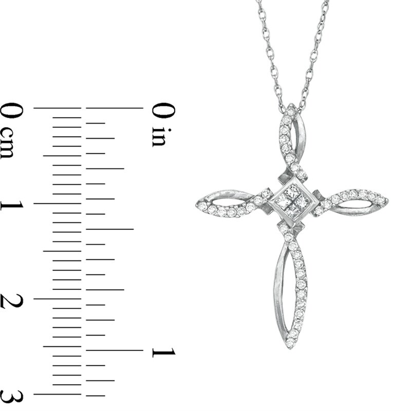 Main Image 2 of 1/5 CT. T.W. Princess-Cut and Round Diamond Ichthys Cross Pendant in 10K White Gold
