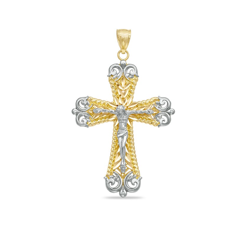 Main Image 1 of Scroll Crucifix Charm in 10K Tri-Tone Gold