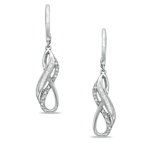 1/7 CT. T.w. Baguette and Round Diamond Drop Earrings in Sterling Silver