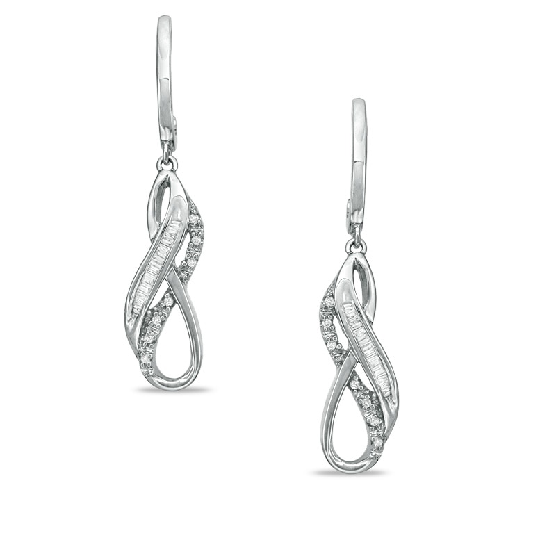 1/7 CT. T.W. Baguette and Round Diamond Drop Earrings in Sterling Silver