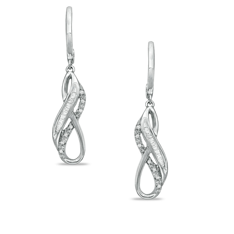 Main Image 1 of 1/7 CT. T.W. Baguette and Round Diamond Drop Earrings in Sterling Silver