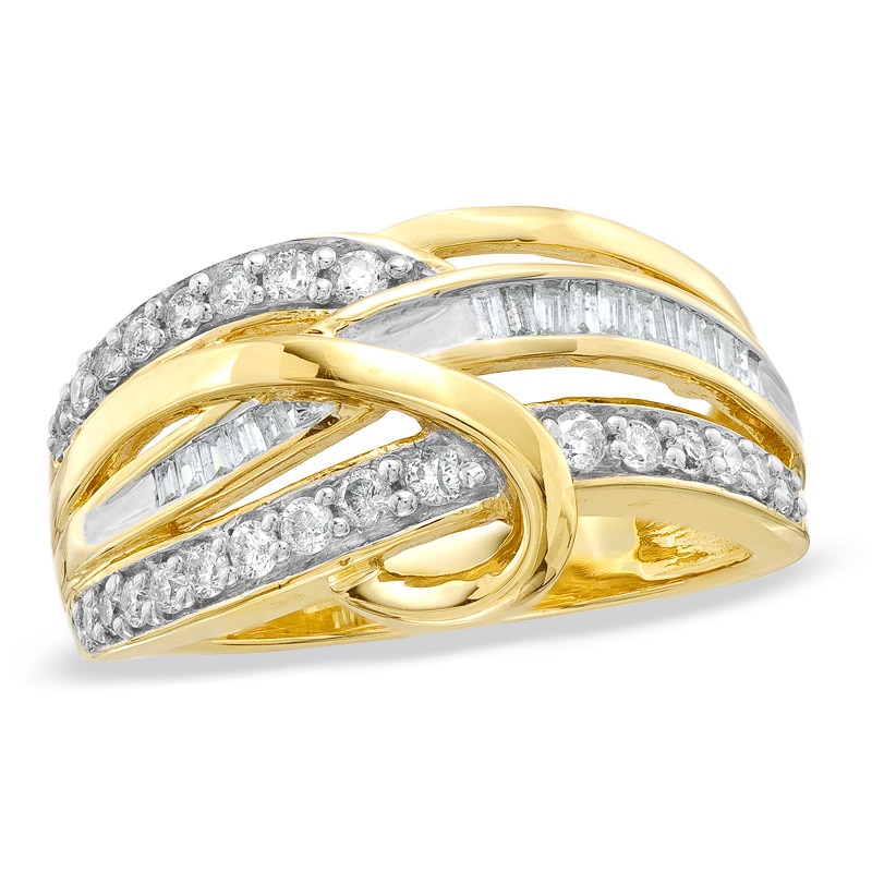 Main Image 1 of 1/2 CT. T.W. Baguette and Round Diamond Twist-Over Ring in 10K Gold
