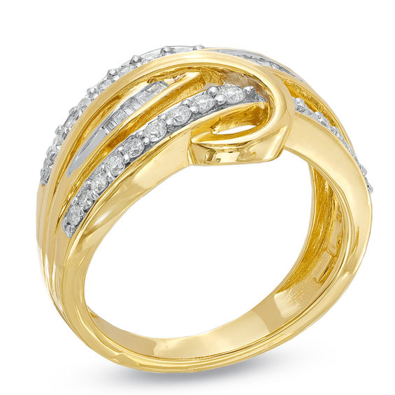 1/2 CT. T.w. Baguette and Round Diamond Twist-Over Ring in 10K Gold