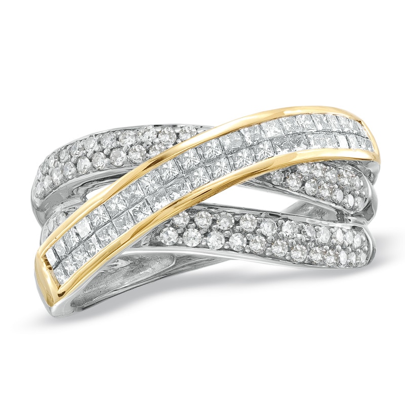 Main Image 1 of 1 CT. T.W. Princess-Cut and Round Diamond Crisscross Ring in 14K Two-Tone Gold