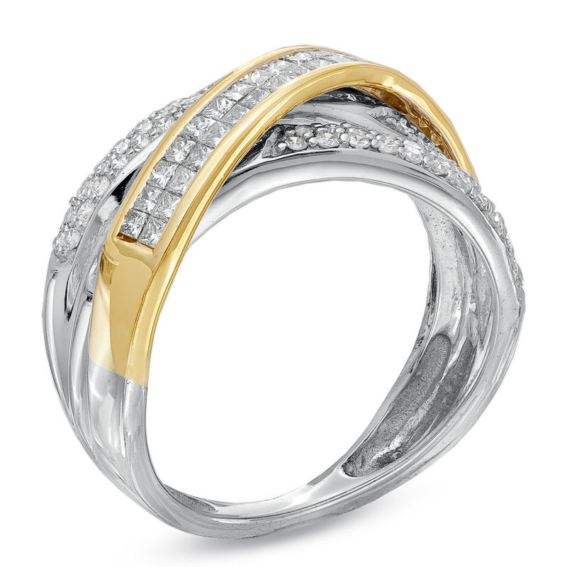 Main Image 2 of 1 CT. T.W. Princess-Cut and Round Diamond Crisscross Ring in 14K Two-Tone Gold