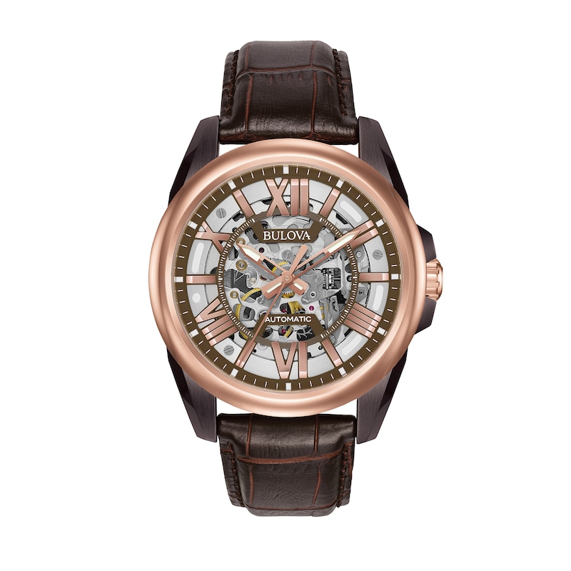 Men's Bulova Classic Automatic Two-Tone Strap Watch with Brown Skeleton Dial (Model: 98A165)