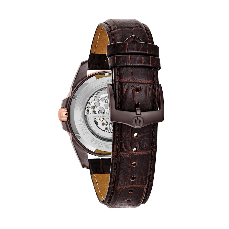 Men's Bulova Classic Automatic Two-Tone Strap Watch with Brown Skeleton Dial (Model: 98A165)
