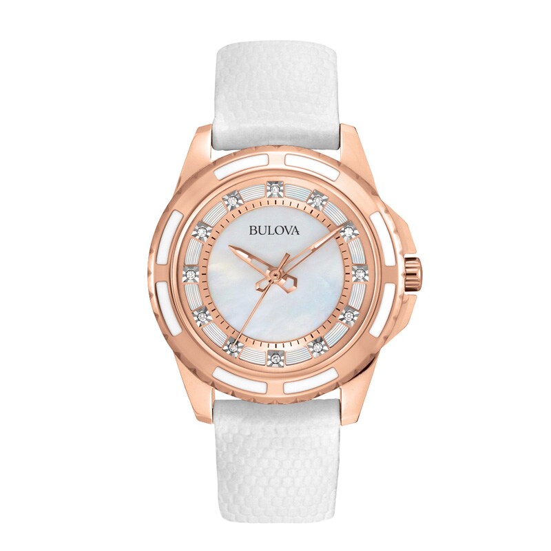 Ladies' Bulova Diamond Accent Rose-Tone Strap Watch with Mother-of-Pearl Dial (Model: 98P119)