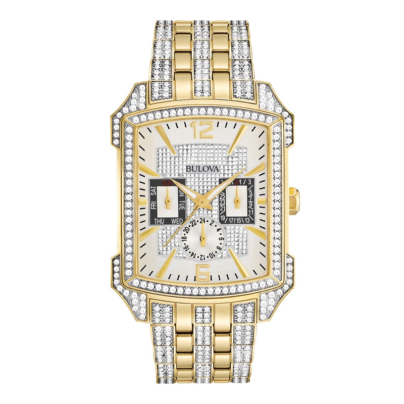 Men's Bulova Crystal Accent Gold-Tone Watch with Rectangular White Dial (Model: 98C109)