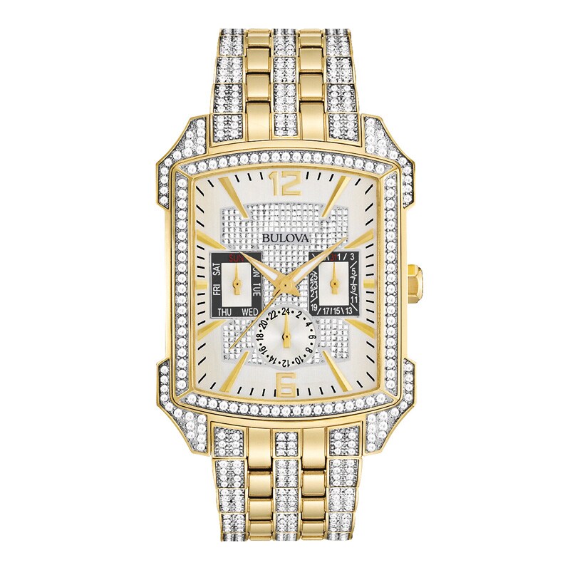 Main Image 1 of Men's Bulova Crystal Accent Gold-Tone Watch with Rectangular White Dial (Model: 98C109)