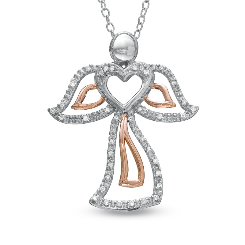 Main Image 1 of 1/8 CT. T.W. Diamond Angel Heart Pendant in Sterling Silver and 10K Rose Gold