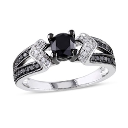 1 CT. T.W. Black and White Diamond Split Shank Engagement Ring in Sterling Silver