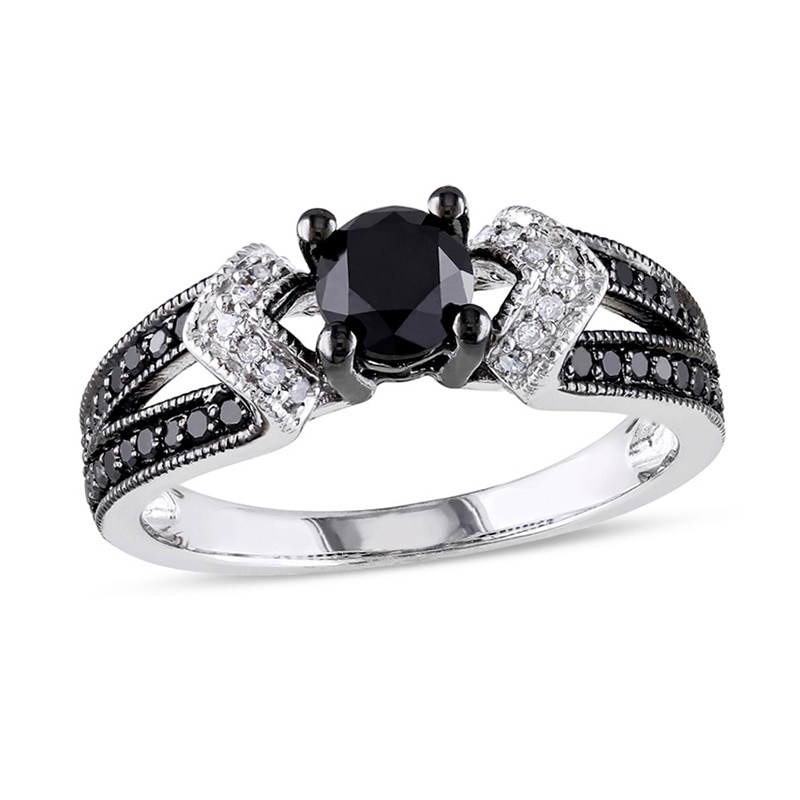 Main Image 1 of 1 CT. T.W. Black and White Diamond Split Shank Engagement Ring in Sterling Silver