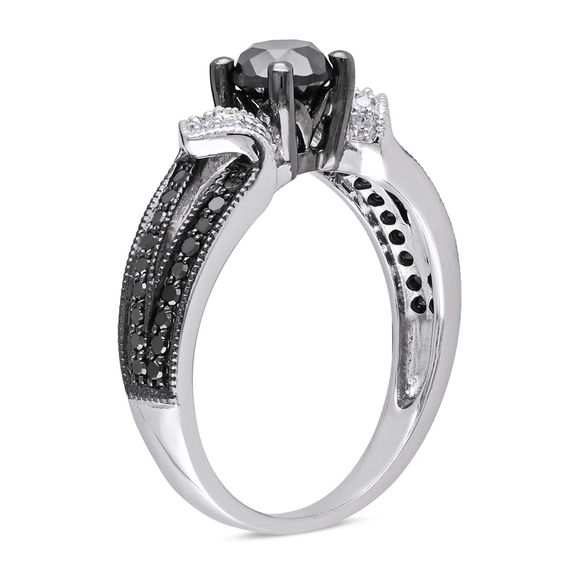 1 CT. T.w. Black and White Diamond Split Shank Engagement Ring Sterling Silver