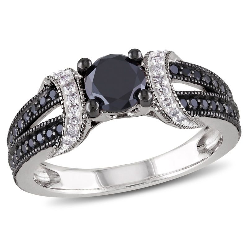 Main Image 1 of 1 CT. T.W. Enhanced Black and White Diamond Station Engagement Ring in Sterling Silver
