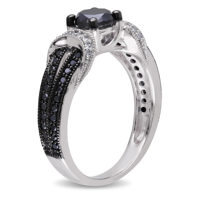 Main Image 2 of 1 CT. T.W. Enhanced Black and White Diamond Station Engagement Ring in Sterling Silver