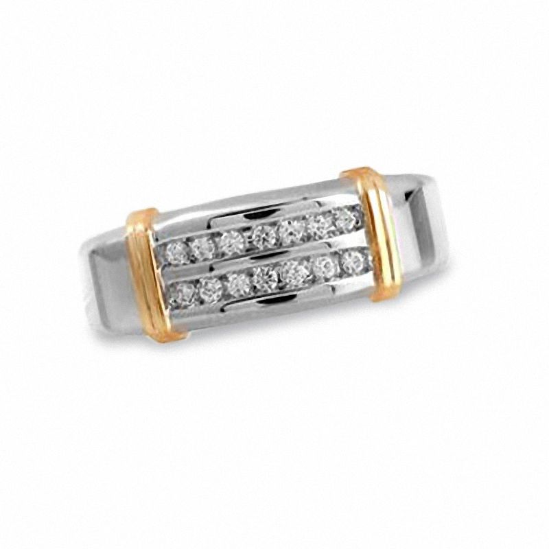 Main Image 1 of Men's 1/10 CT. T.W. Diamond Double Row Wedding Band in Sterling Silver and 14K Gold Plate