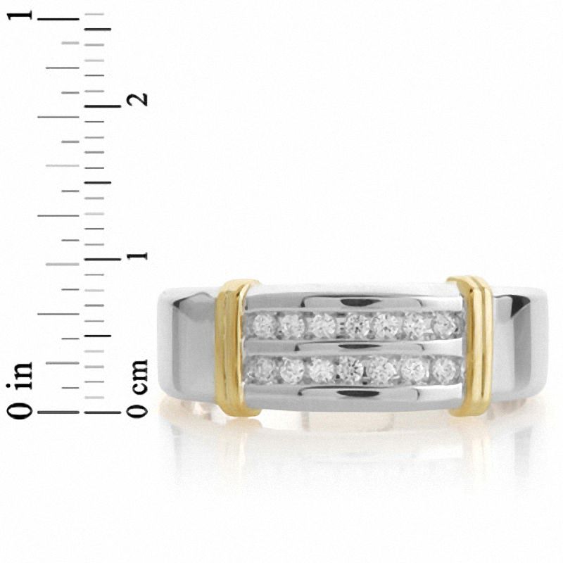 Main Image 2 of Men's 1/10 CT. T.W. Diamond Double Row Wedding Band in Sterling Silver and 14K Gold Plate