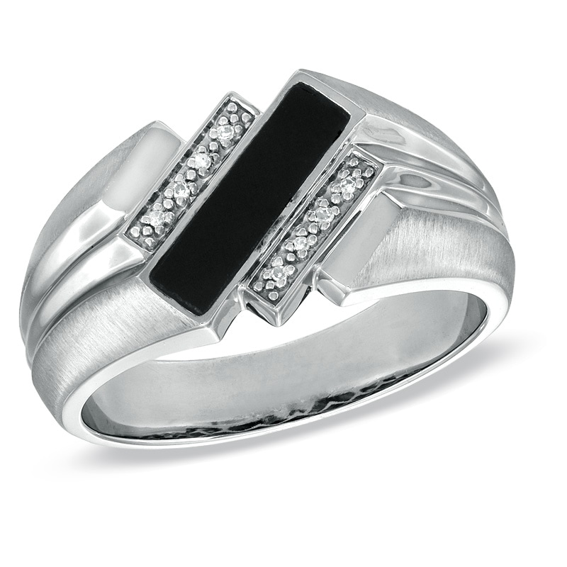 Main Image 1 of Rectangular Onyx and Diamond Accent Ring in 10K White Gold