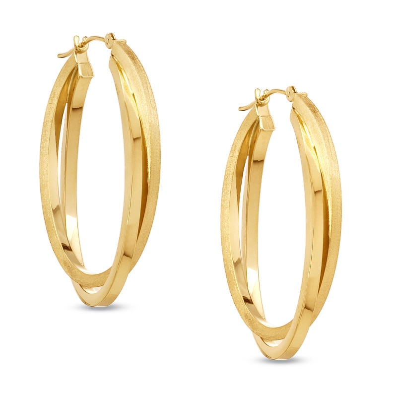 Main Image 1 of Satin and Polished Oval Hoop Earrings in 14K Gold