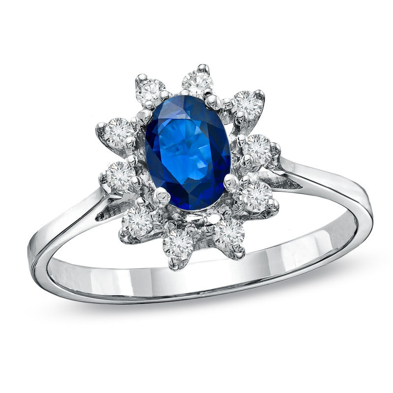 Main Image 1 of Oval Blue Sapphire and 1/7 CT. T.W. Diamond Frame Engagement Ring in 14K White Gold