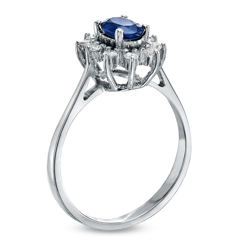 Main Image 2 of Oval Blue Sapphire and 1/7 CT. T.W. Diamond Frame Engagement Ring in 14K White Gold
