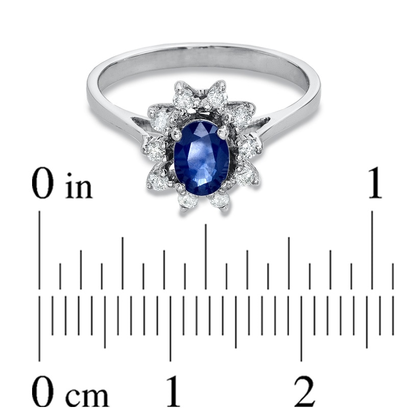 Main Image 3 of Oval Blue Sapphire and 1/7 CT. T.W. Diamond Frame Engagement Ring in 14K White Gold