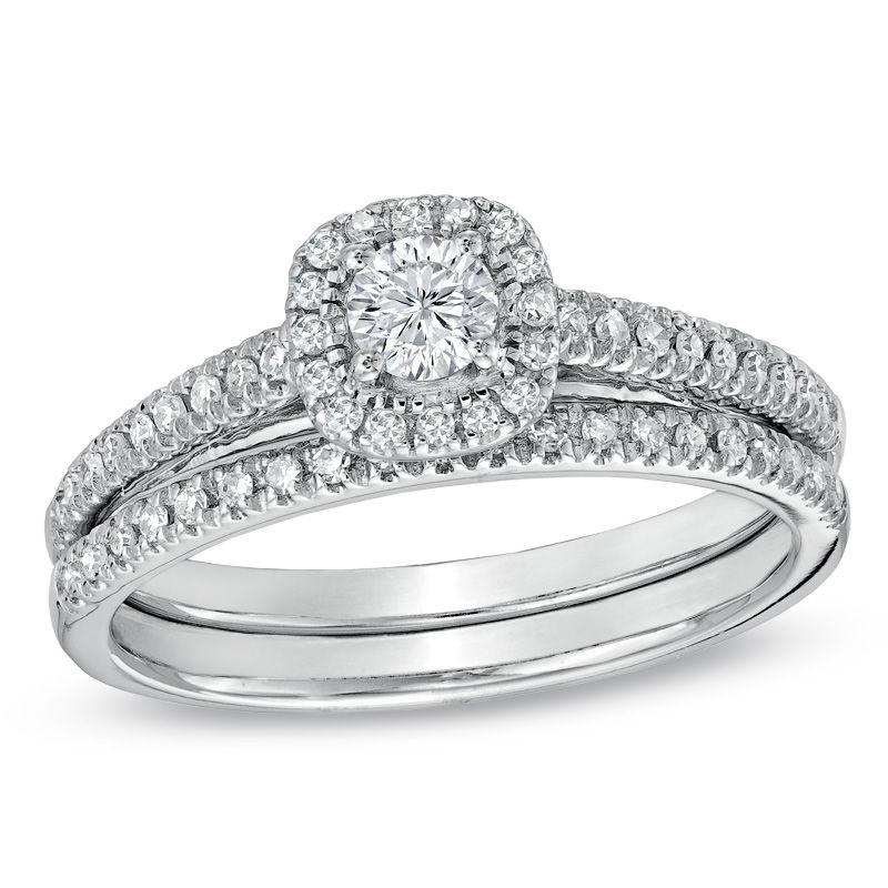 お姫様7点セット 1/2 CT. T.W. Diamond Frame Bridal Set in 14K White Gold | Zales