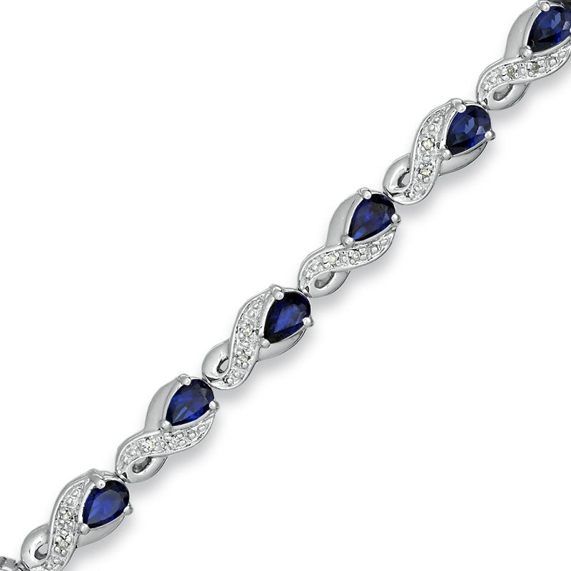 Pear-Shaped Lab-Created Blue Sapphire and 1/10 CT. T.W. Diamond Bracelet in Sterling Silver