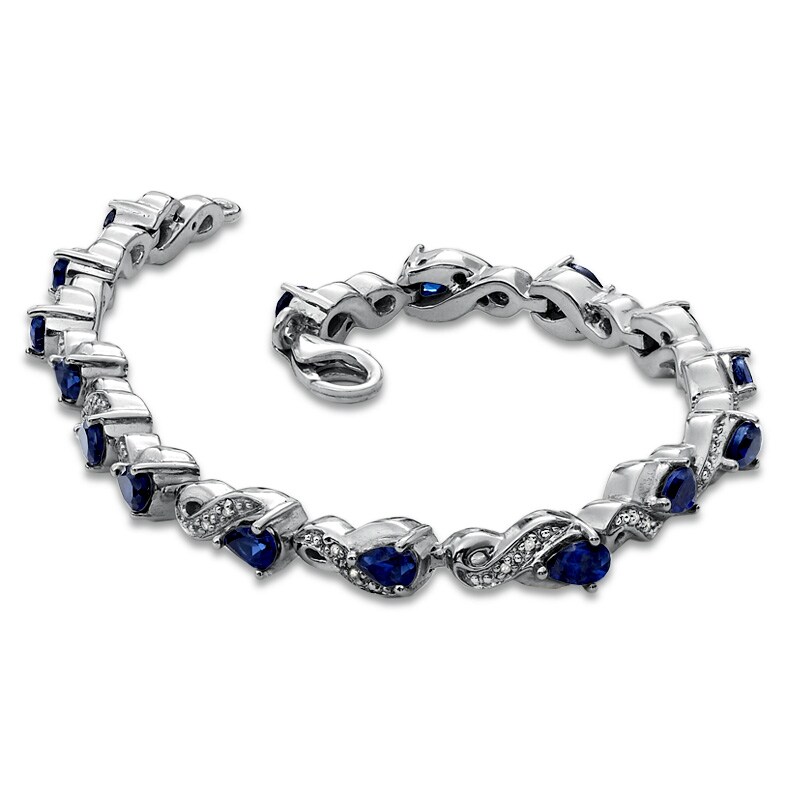 Pear-Shaped Lab-Created Blue Sapphire and 1/10 CT. T.W. Diamond Bracelet in Sterling Silver