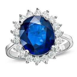 Oval Blue Sapphire and 5/8 CT. T.W. Diamond Frame Engagement Ring in 14K White Gold
