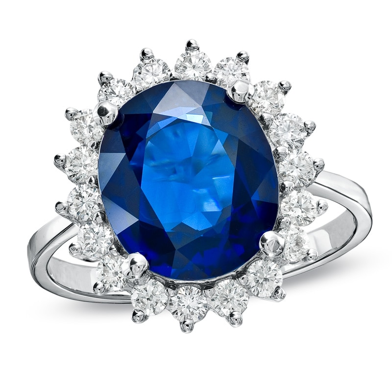 Oval Blue Sapphire and 5/8 CT. T.W. Diamond Frame Engagement Ring in 14K White Gold