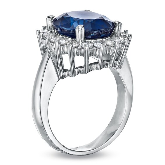 Oval Blue Sapphire and 5/8 CT. T.w. Diamond Frame Engagement Ring in 14K White Gold