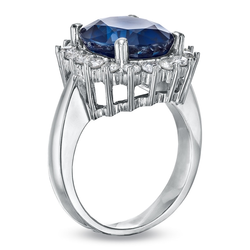 Oval Blue Sapphire and 5/8 CT. T.W. Diamond Frame Engagement Ring in 14K White Gold