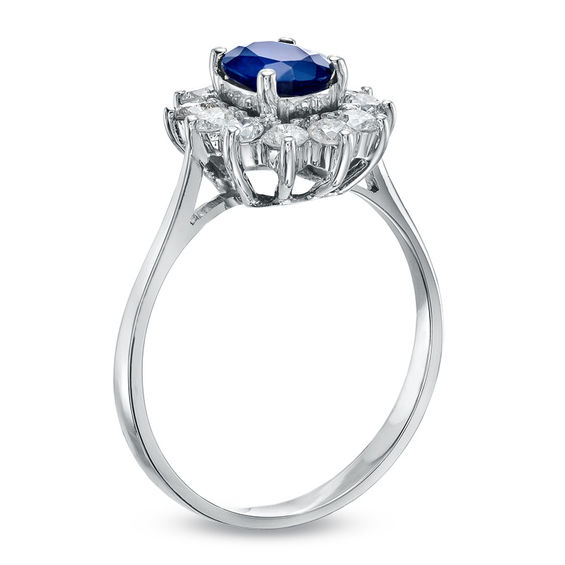 Oval Blue Sapphire and 1/2 CT. T.w. Diamond Frame Engagement Ring in 14K White Gold