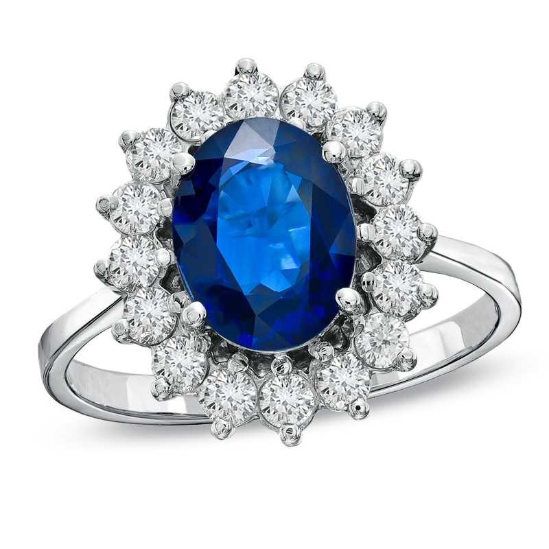 Main Image 1 of Your Stone Your Story™ Oval Blue Sapphire and 5/8 CT. T.W. Diamond Frame Ring in 14K White Gold