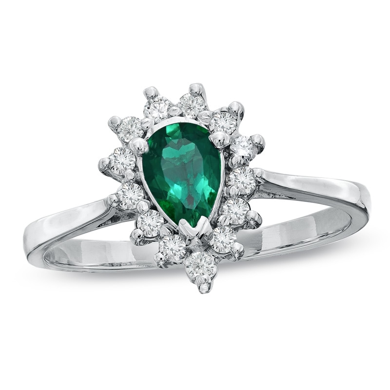 Pear-Shaped Emerald and 1/7 CT. T.W. Diamond Frame Engagement Ring in 14K White Gold