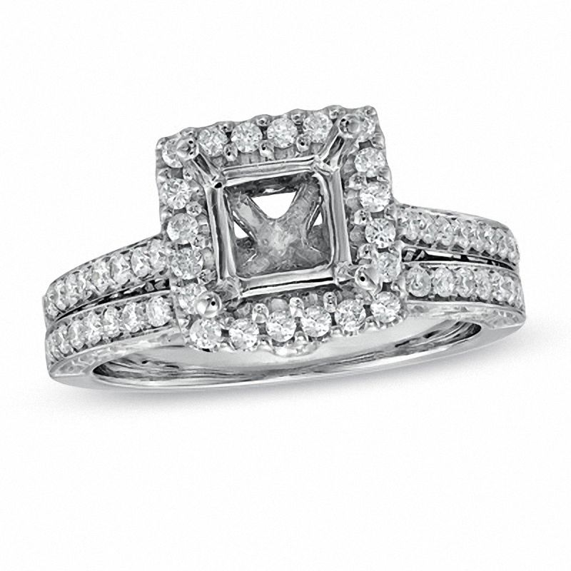 Main Image 1 of 1/2 CT. T.W. Diamond Square Frame Semi-Mount Bridal Set in 14K White Gold