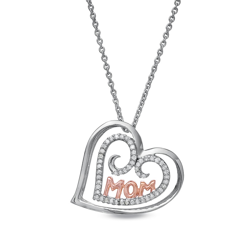Main Image 1 of 1/7 CT. T.W. Diamond Double Heart MOM Pendant in Sterling Silver and 10K Rose Gold Plate