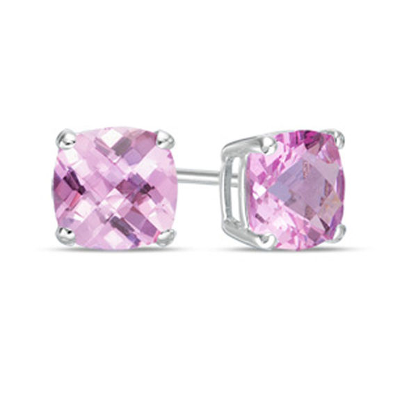 6.0mm Cushion-Cut Lab-Created Pink Sapphire Fashion Stud Earrings in 10K White Gold