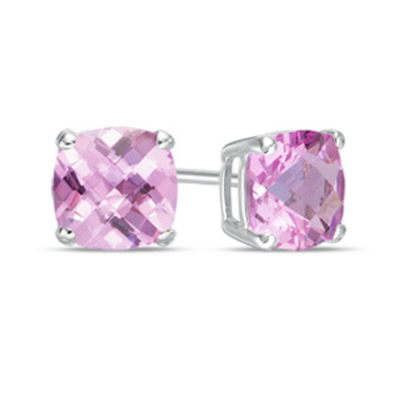 Main Image 1 of 6.0mm Cushion-Cut Lab-Created Pink Sapphire Fashion Stud Earrings in 10K White Gold