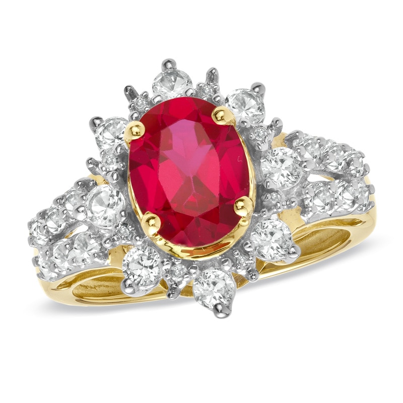 Main Image 1 of Oval Lab-Created Ruby and White Sapphire Frame Ring in 10K Gold with Diamond Accents
