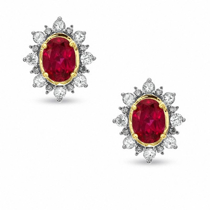 Main Image 1 of Lab-Created Ruby and White Sapphire and Diamond Accent Frame Earrings in 10K Gold