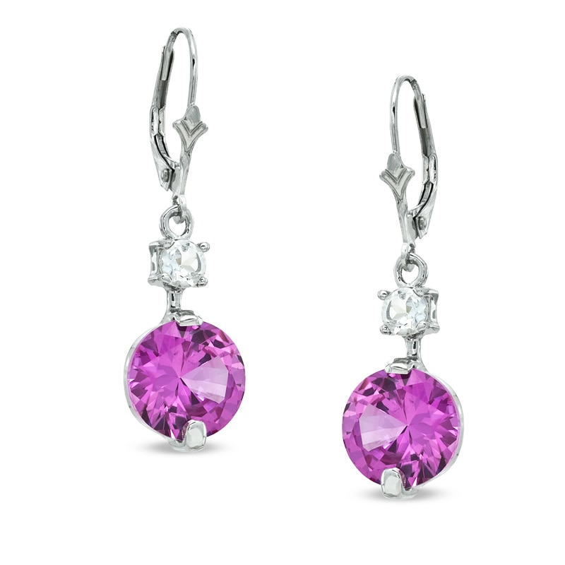 10.0mm Lab-Created Pink Sapphire and White Topaz Drop Earrings in 10K White Gold